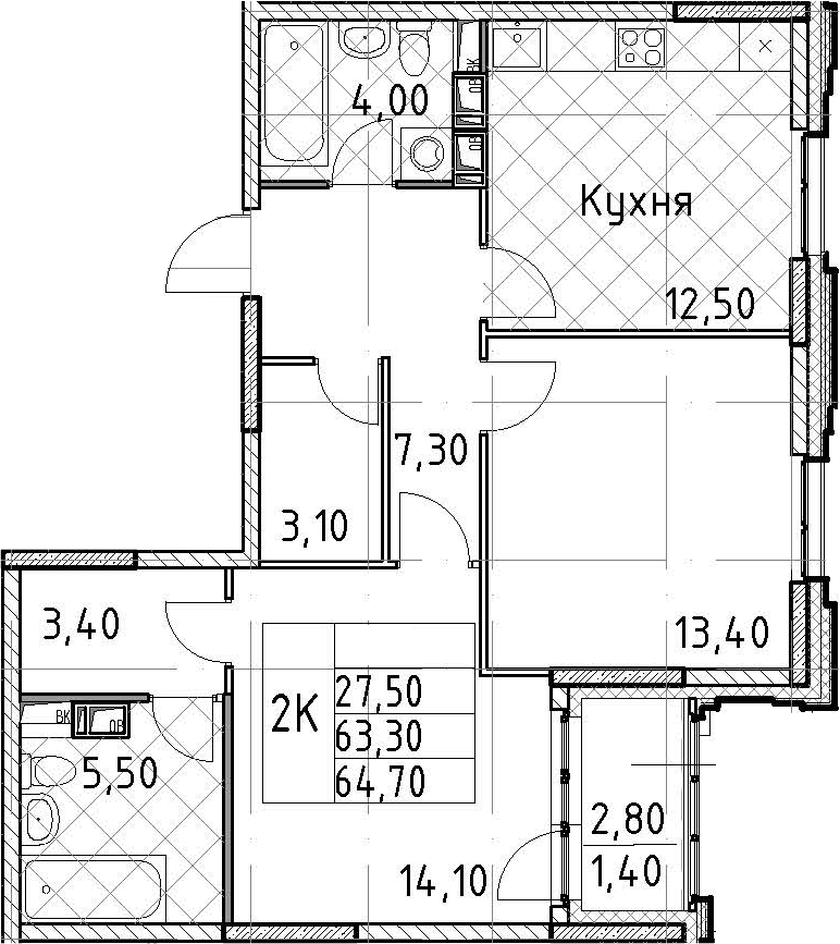 2-комнатная квартира 64.7 м², 8/13 эт., ЖК «Тайм Сквер»